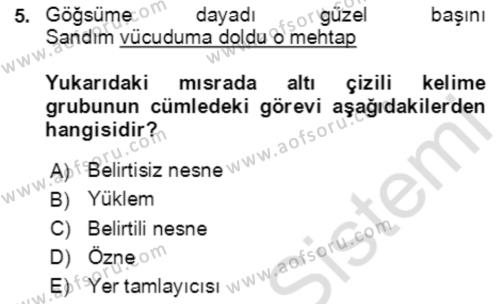 Türkçe Cümle Bilgisi 2 Dersi 2020 - 2021 Yılı Yaz Okulu Sınavı 5. Soru