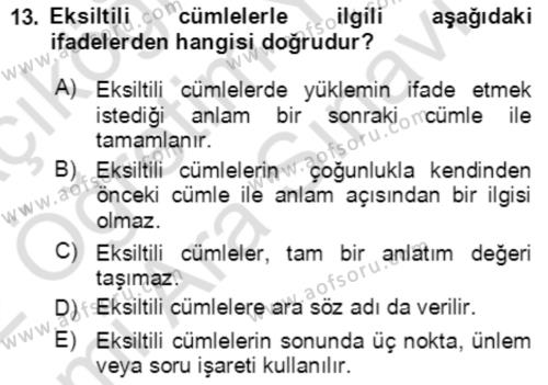 Türkçe Cümle Bilgisi 2 Dersi 2021 - 2022 Yılı (Vize) Ara Sınavı 13. Soru