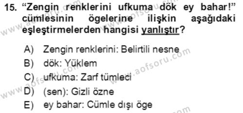 Türkçe Cümle Bilgisi 2 Dersi 2021 - 2022 Yılı (Vize) Ara Sınavı 15. Soru