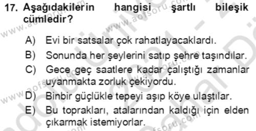 Türkçe Cümle Bilgisi 2 Dersi 2021 - 2022 Yılı (Vize) Ara Sınavı 17. Soru