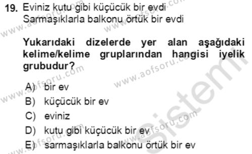 Türkçe Cümle Bilgisi 2 Dersi 2021 - 2022 Yılı (Vize) Ara Sınavı 19. Soru