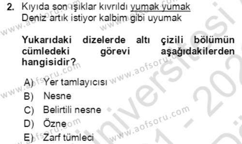 Türkçe Cümle Bilgisi 2 Dersi 2021 - 2022 Yılı (Vize) Ara Sınavı 2. Soru