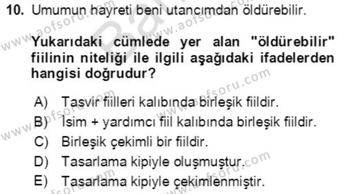 Türkçe Cümle Bilgisi 2 Dersi 2021 - 2022 Yılı (Final) Dönem Sonu Sınavı 10. Soru