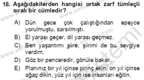 Türkçe Cümle Bilgisi 2 Dersi 2021 - 2022 Yılı (Final) Dönem Sonu Sınavı 18. Soru