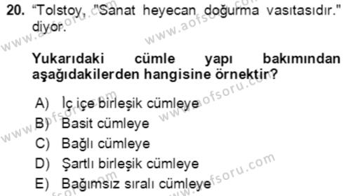 Türkçe Cümle Bilgisi 2 Dersi 2021 - 2022 Yılı (Final) Dönem Sonu Sınavı 20. Soru