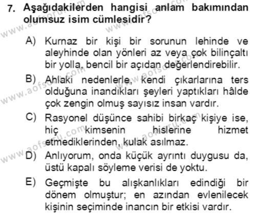 Türkçe Cümle Bilgisi 2 Dersi 2021 - 2022 Yılı (Final) Dönem Sonu Sınavı 7. Soru