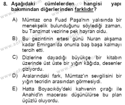 Türkçe Cümle Bilgisi 2 Dersi 2021 - 2022 Yılı (Final) Dönem Sonu Sınavı 8. Soru