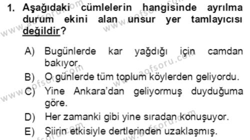 Türkçe Cümle Bilgisi 2 Dersi 2021 - 2022 Yılı Yaz Okulu Sınavı 1. Soru