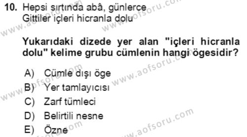 Türkçe Cümle Bilgisi 2 Dersi 2021 - 2022 Yılı Yaz Okulu Sınavı 10. Soru