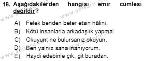 Türkçe Cümle Bilgisi 2 Dersi 2021 - 2022 Yılı Yaz Okulu Sınavı 18. Soru