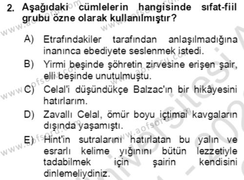 Türkçe Cümle Bilgisi 2 Dersi 2021 - 2022 Yılı Yaz Okulu Sınavı 2. Soru