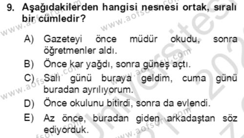 Türkçe Cümle Bilgisi 2 Dersi 2021 - 2022 Yılı Yaz Okulu Sınavı 9. Soru