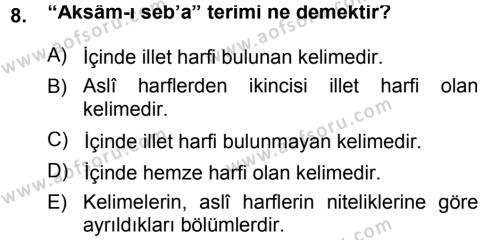 Osmanlı Türkçesi Grameri 1 Dersi 2013 - 2014 Yılı (Vize) Ara Sınavı 8. Soru
