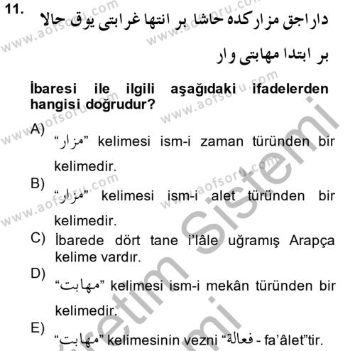 Osmanlı Türkçesi Grameri 1 Dersi 2014 - 2015 Yılı (Final) Dönem Sonu Sınavı 11. Soru