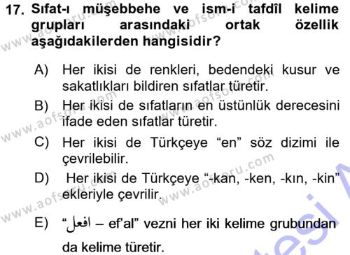 Osmanlı Türkçesi Grameri 1 Dersi 2015 - 2016 Yılı (Final) Dönem Sonu Sınavı 17. Soru
