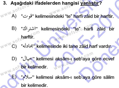 Osmanlı Türkçesi Grameri 1 Dersi 2015 - 2016 Yılı (Final) Dönem Sonu Sınavı 3. Soru