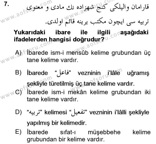Osmanlı Türkçesi Grameri 1 Dersi 2015 - 2016 Yılı (Final) Dönem Sonu Sınavı 7. Soru