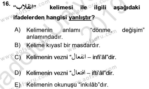 Osmanlı Türkçesi Grameri 1 Dersi 2018 - 2019 Yılı 3 Ders Sınavı 16. Soru