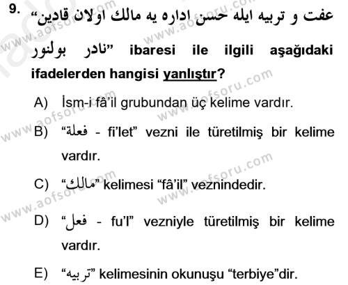 Osmanlı Türkçesi Grameri 1 Dersi 2018 - 2019 Yılı (Vize) Ara Sınavı 9. Soru