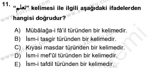 Osmanlı Türkçesi Grameri 1 Dersi 2018 - 2019 Yılı (Final) Dönem Sonu Sınavı 11. Soru