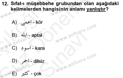 Osmanlı Türkçesi Grameri 1 Dersi 2018 - 2019 Yılı (Final) Dönem Sonu Sınavı 12. Soru