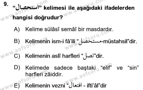 Osmanlı Türkçesi Grameri 1 Dersi 2020 - 2021 Yılı Yaz Okulu Sınavı 9. Soru
