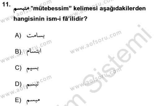 Osmanlı Türkçesi Grameri 1 Dersi 2021 - 2022 Yılı (Final) Dönem Sonu Sınavı 11. Soru