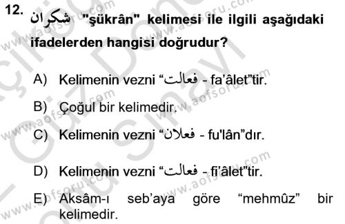 Osmanlı Türkçesi Grameri 1 Dersi 2021 - 2022 Yılı (Final) Dönem Sonu Sınavı 12. Soru