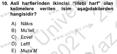 Osmanlı Türkçesi Grameri 1 Dersi 2021 - 2022 Yılı Yaz Okulu Sınavı 10. Soru