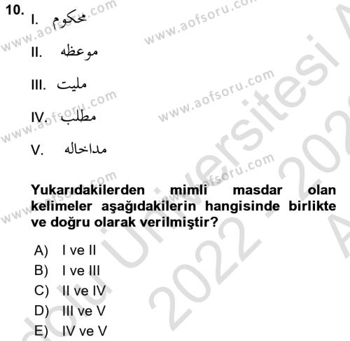Osmanlı Türkçesi Grameri 1 Dersi 2022 - 2023 Yılı (Vize) Ara Sınavı 10. Soru