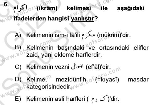 Osmanlı Türkçesi Grameri 1 Dersi 2022 - 2023 Yılı (Final) Dönem Sonu Sınavı 6. Soru