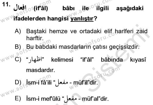 Osmanlı Türkçesi Grameri 1 Dersi 2022 - 2023 Yılı Yaz Okulu Sınavı 11. Soru