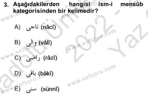 Osmanlı Türkçesi Grameri 1 Dersi 2022 - 2023 Yılı Yaz Okulu Sınavı 3. Soru
