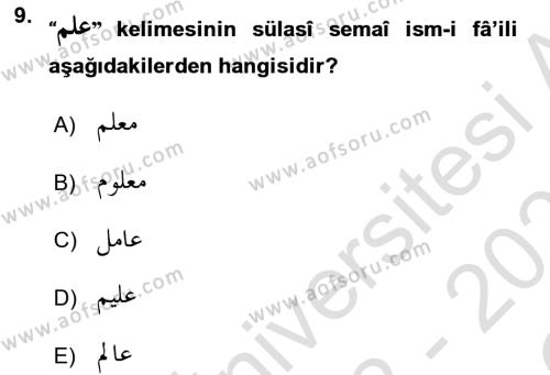 Osmanlı Türkçesi Grameri 1 Dersi 2022 - 2023 Yılı Yaz Okulu Sınavı 9. Soru