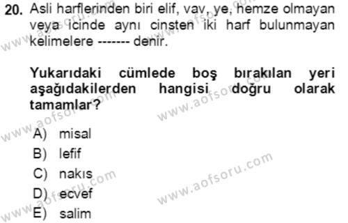 Osmanlı Türkçesi Grameri 1 Dersi 2023 - 2024 Yılı (Vize) Ara Sınavı 20. Soru