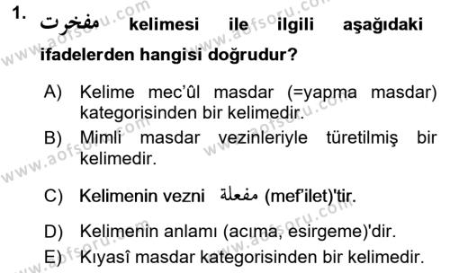 Osmanlı Türkçesi Grameri 1 Dersi 2023 - 2024 Yılı (Final) Dönem Sonu Sınavı 1. Soru