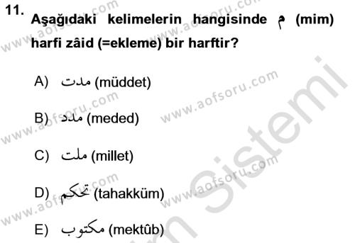 Osmanlı Türkçesi Grameri 1 Dersi 2023 - 2024 Yılı (Final) Dönem Sonu Sınavı 11. Soru
