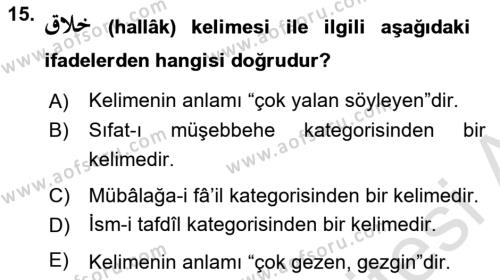 Osmanlı Türkçesi Grameri 1 Dersi 2023 - 2024 Yılı (Final) Dönem Sonu Sınavı 15. Soru