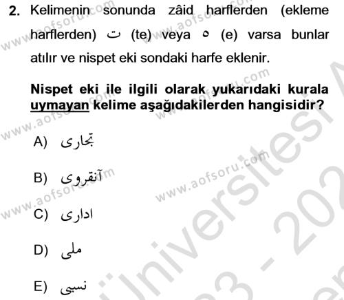 Osmanlı Türkçesi Grameri 1 Dersi 2023 - 2024 Yılı (Final) Dönem Sonu Sınavı 2. Soru