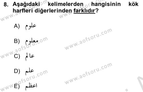 Osmanlı Türkçesi Grameri 1 Dersi 2023 - 2024 Yılı (Final) Dönem Sonu Sınavı 8. Soru