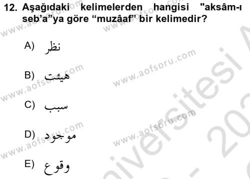 Osmanlı Türkçesi Grameri 1 Dersi 2023 - 2024 Yılı Yaz Okulu Sınavı 12. Soru