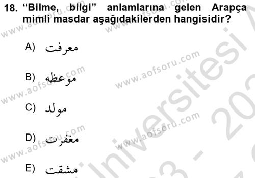 Osmanlı Türkçesi Grameri 1 Dersi 2023 - 2024 Yılı Yaz Okulu Sınavı 18. Soru