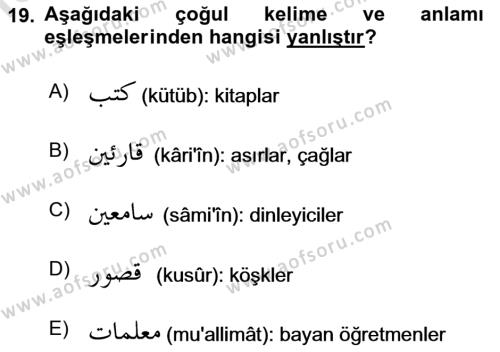 Osmanlı Türkçesi Grameri 1 Dersi 2023 - 2024 Yılı Yaz Okulu Sınavı 19. Soru