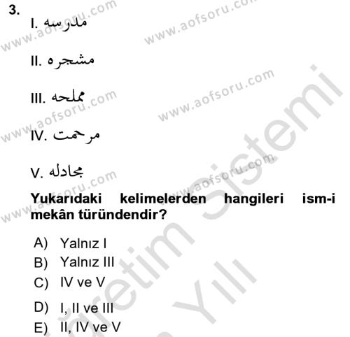 Osmanlı Türkçesi Grameri 1 Dersi 2023 - 2024 Yılı Yaz Okulu Sınavı 3. Soru