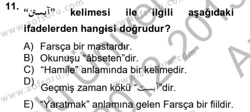 Osmanlı Türkçesi Grameri 2 Dersi 2012 - 2013 Yılı (Vize) Ara Sınavı 11. Soru