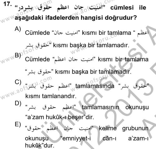 Osmanlı Türkçesi Grameri 2 Dersi 2012 - 2013 Yılı (Vize) Ara Sınavı 17. Soru