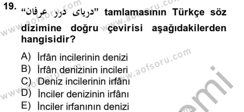 Osmanlı Türkçesi Grameri 2 Dersi 2012 - 2013 Yılı (Vize) Ara Sınavı 19. Soru