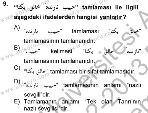 Osmanlı Türkçesi Grameri 2 Dersi 2012 - 2013 Yılı (Final) Dönem Sonu Sınavı 9. Soru