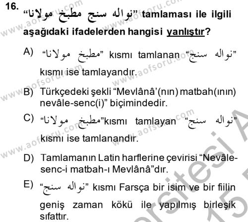 Osmanlı Türkçesi Grameri 2 Dersi 2014 - 2015 Yılı (Vize) Ara Sınavı 16. Soru