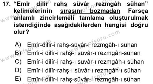 Osmanlı Türkçesi Grameri 2 Dersi 2015 - 2016 Yılı (Vize) Ara Sınavı 17. Soru